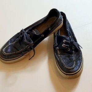 Sperry blue sparkle tie front boat shoes size 7.5